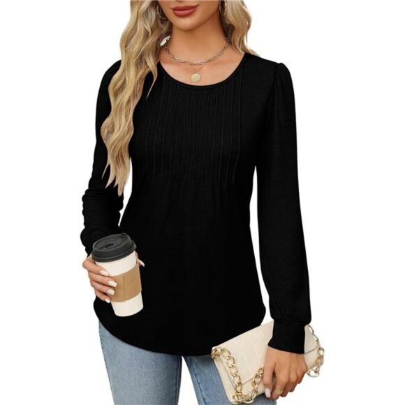 Women’s Pleated Scoop Neck Tunic - Long Sleeve Fall Blouses for Leggings, Black - Picture 3 of 6